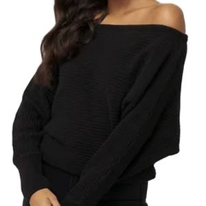 MOIRAI Black Off the Shoulder Soft Waffle Knit Long Sleeve Sweater Top
